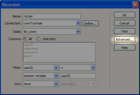 Basic Dreamweaver recordset window, click the "Advanced..." button